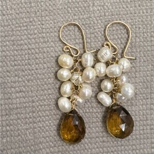 Handmade Freshwater Pearl Cluster Earrings w/ Smoky Quartz Drops